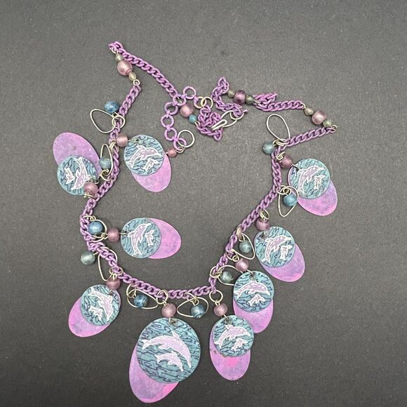 Vintage Turquoise Purple Metal Dangles Chain Dolphin Necklace Dangle Earrings - Picture 14 of 14